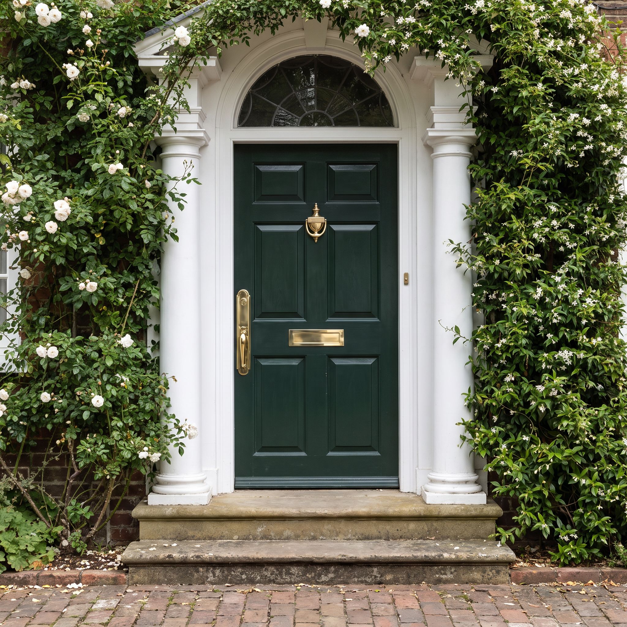 Beautiful heirloom brass door knob, knocker and mail slot from Baldwin on a green english door